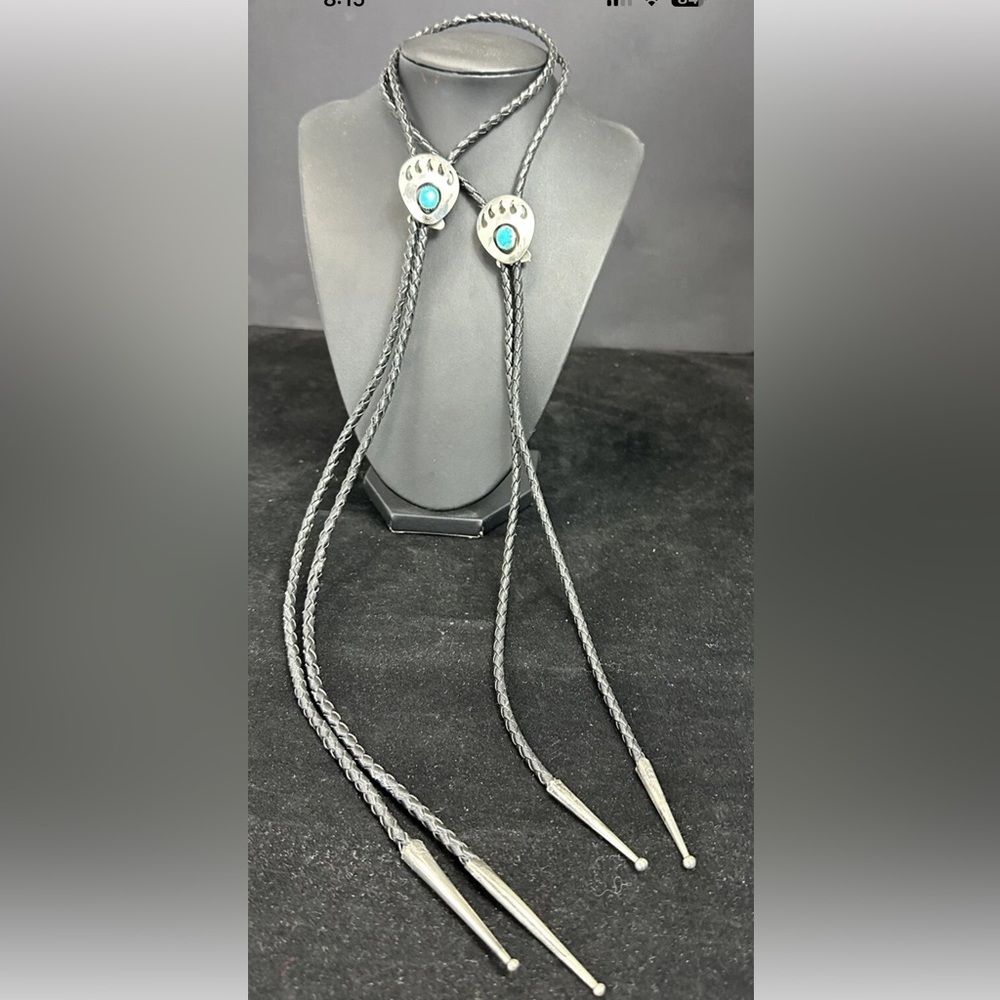 Set of 2 Vintage Sterling & Turquoise Bear Paw Leather Native Bolo Tie Jewelry